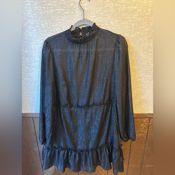 The Loft Sheer Tiered Long Sleeve Black Sparkle Dress Size‎ Small - Picture 5 of 7